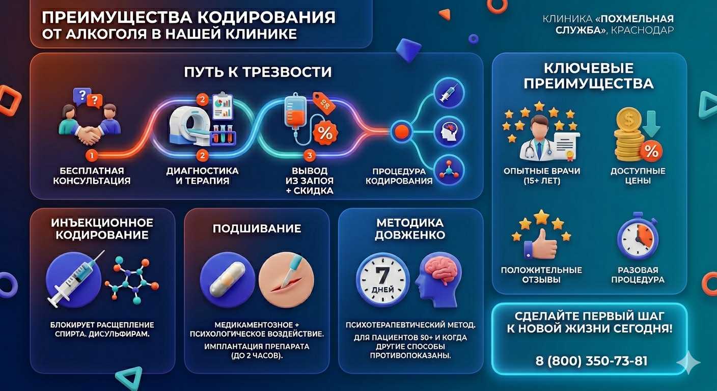 Инфографика о методах кодирования от алкоголя в Кургане: инъекции, подшивание, метод Довженко. Преимущества клиники и этапы лечения.