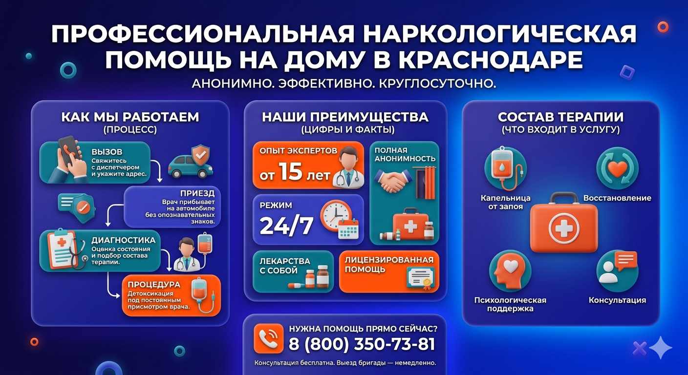 Инфографика о принципах лечения алкоголизма на дому в Кургане: этапы вызова нарколога, преимущества анонимной детоксикации и состав медицинской помощи.